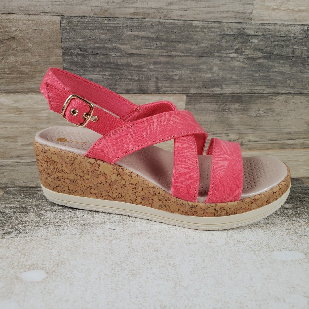 Bzees Radiant Wedge Womens Sandal Sz 7.5 W Coral Pink Buckle Straps Slip On